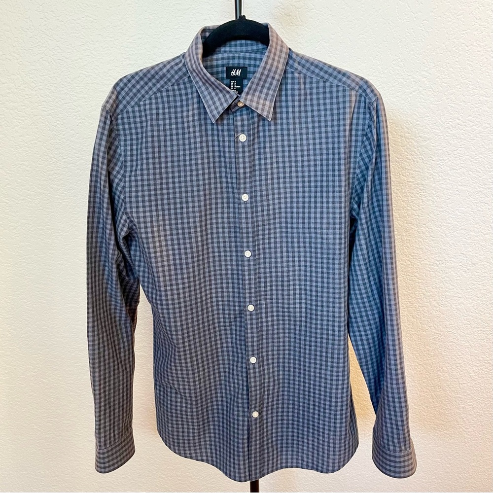 H&M Men’s Blue & Grey Gingham Check Long Sleeve Button Up Shirt - Medium - Picture 6 of 11